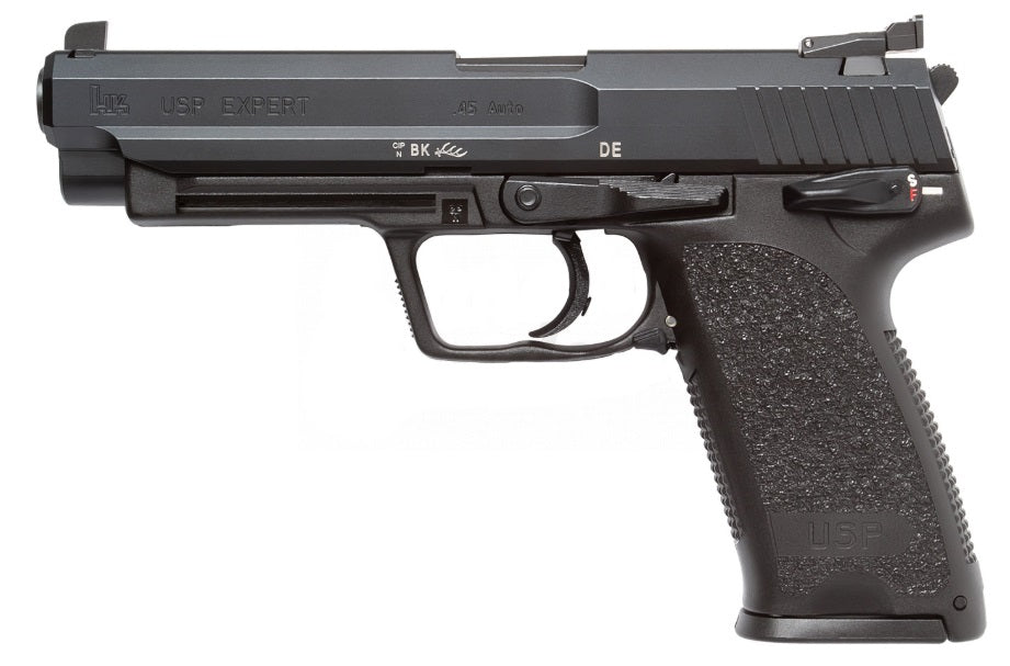 HK 81000365 USP Expert V1 SA/DA 45 ACP Caliber with 5.19" Barrel, 10+1 Capacity, Overall Black Finish, Serrated Trigger Guard Frame, Serrated Long Steel Slide & Polymer Grip Includes 2 Mags