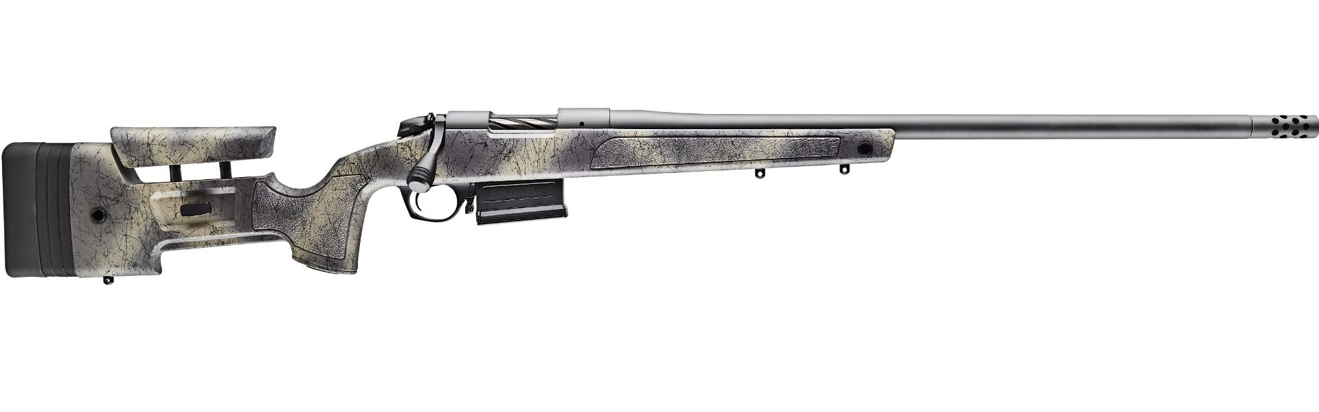 Bergara Rifles B145371 B-14 Wilderness HMR 308 Win 5+1 20" Threaded, Sniper Gray Cerakote Barrel/Rec, Adj. SoftTouch Woodland Camo Stock with Mini-Chassis, Omni Muzzle Brake