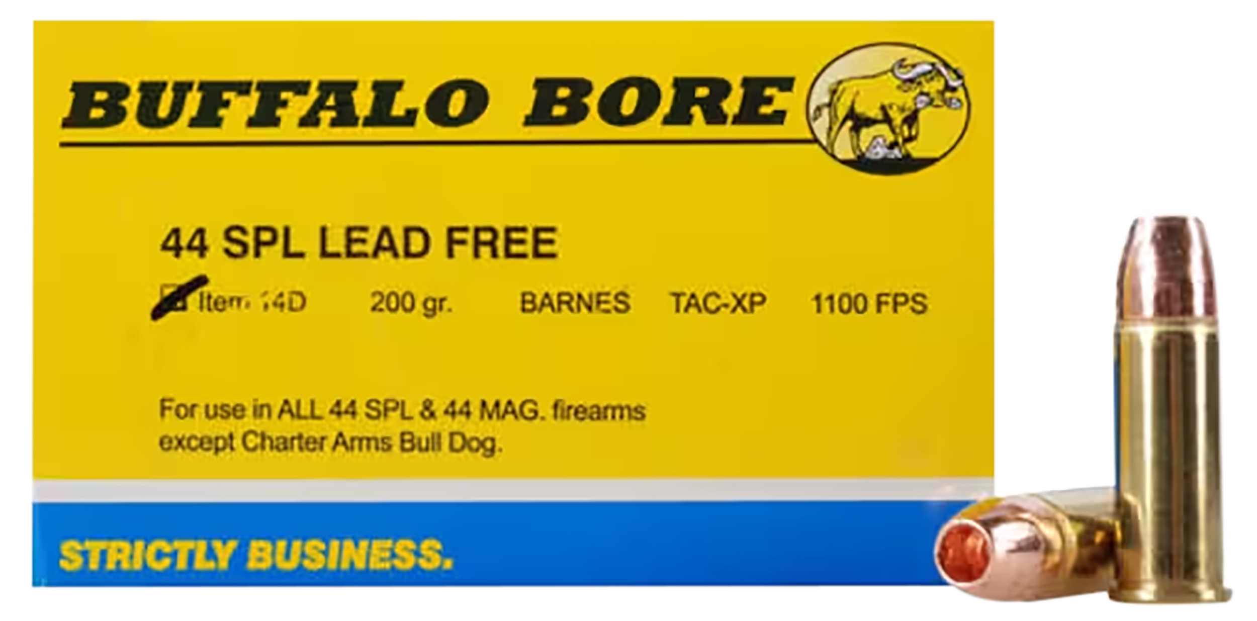 Buffalo Bore Ammunition 14D20 Buffalo-Barnes Strictly Business 44 S&W Spl 200 gr Barnes TAC-XP Lead Free 20 Per Box/ 12 Cs