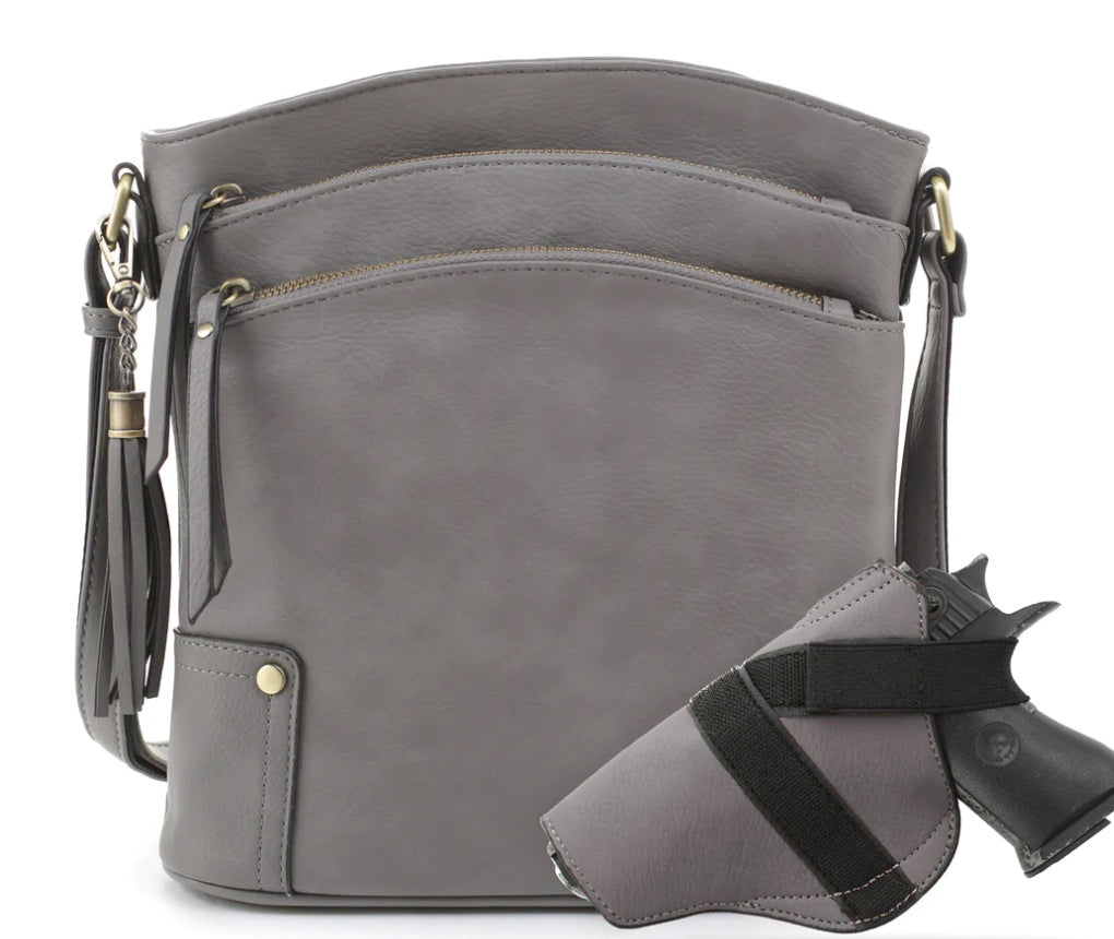 Jessie & James Robin Grey Concealed Carry Crossbody Handbag 11H x 10.25W x 3D