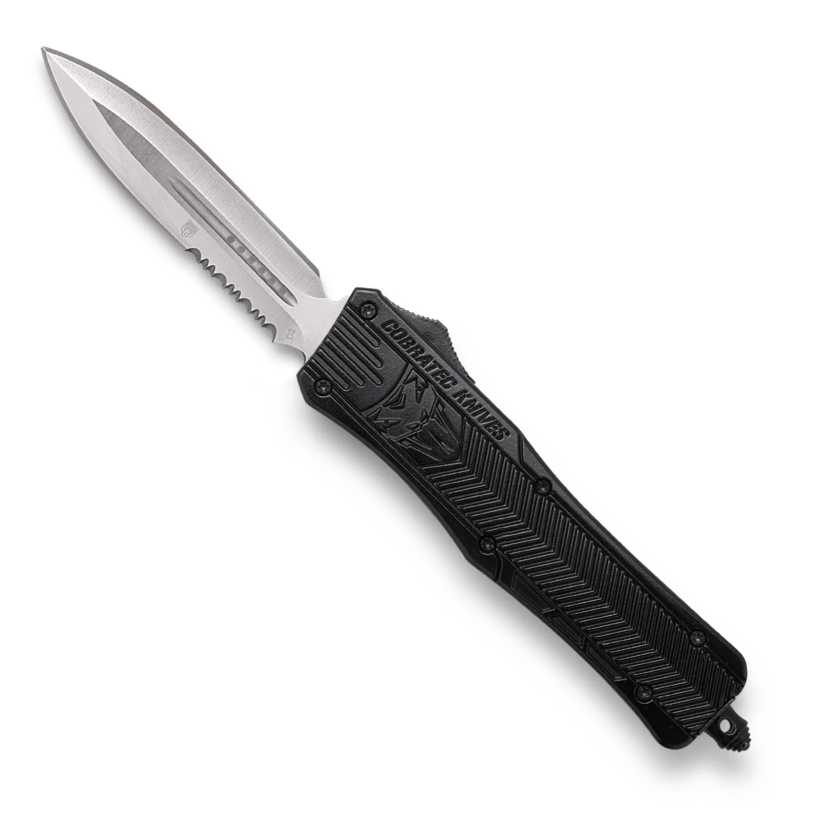 CobraTec Medium Black Single-Side Serrated Dagger OTF Knife