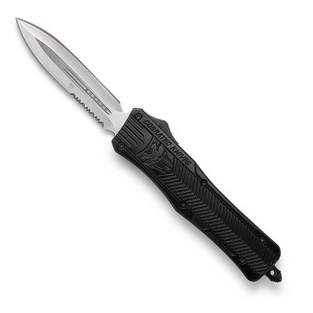 CobraTec Medium Black Single-Side Serrated Dagger OTF Knife