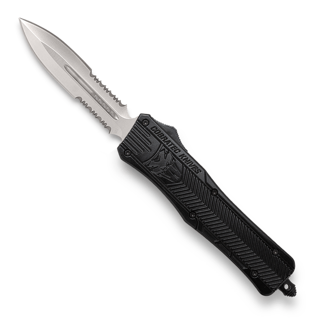CobraTec Medium Black Dual-Side Serrated Dagger OTF Knife