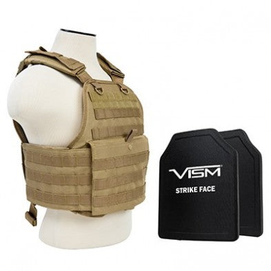 NcStar Plate Carrier Tan Vest Including 2 Hard PE Ballistic Panels 10"x12"