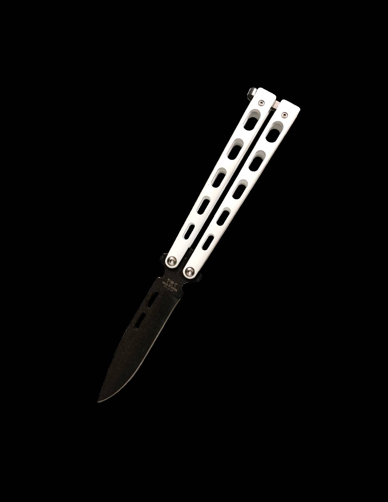 Bear & Sons Butterfly Knife 5" White 1095 Spear Point Powder Coated Blade