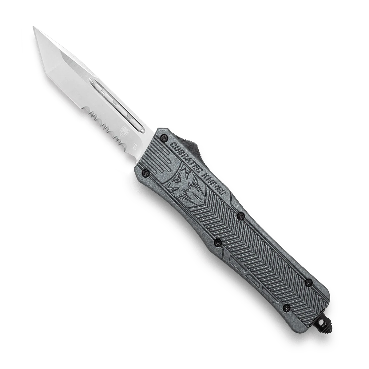 CoBRATec Medium Gray Tanto Automatic OTF Knife Serrated
