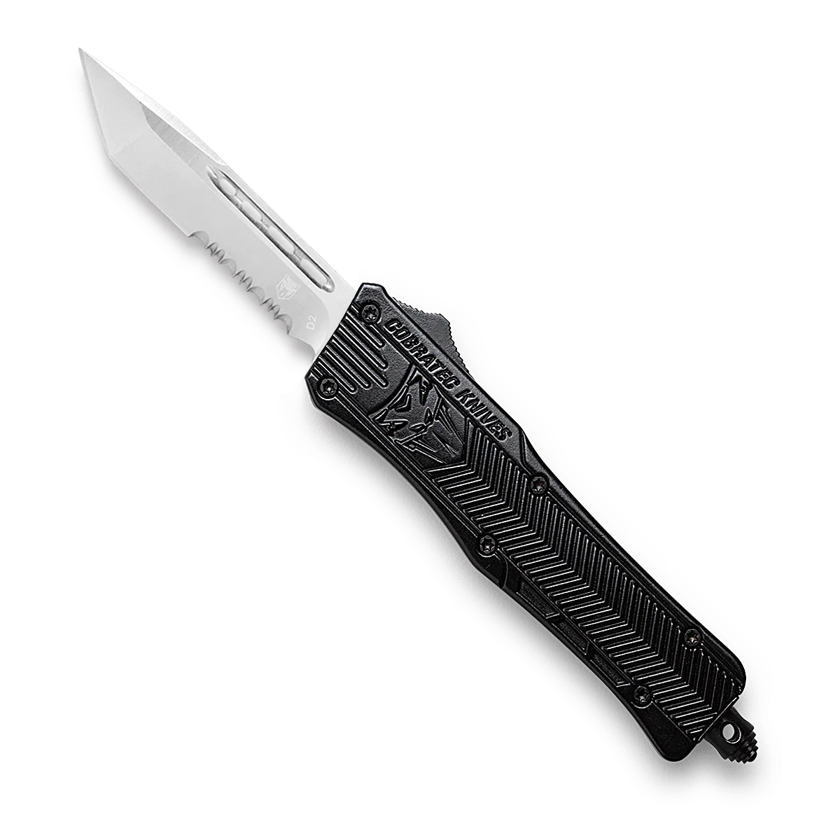 CoBRATec Small Black Tanto Automatic OTF Knife Serrated
