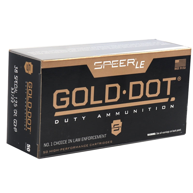 Speer .38 Special Gold Dot +P 125 grain Jacketed Hollow Point ammunition
