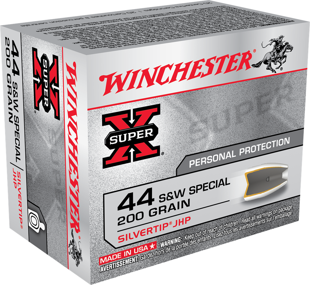 Winchester .44 S&W Special SUPER X Centerfire Pistol Personal Defense 200 grain Silvertip Hollow Point ammunition