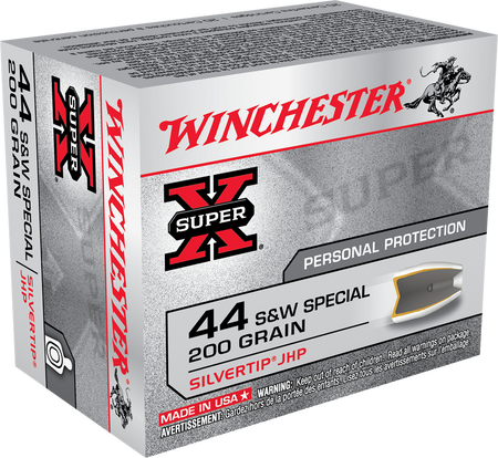 Winchester .44 S&W Special SUPER X Centerfire Pistol Personal Defense 200 grain Silvertip Hollow Point ammunition