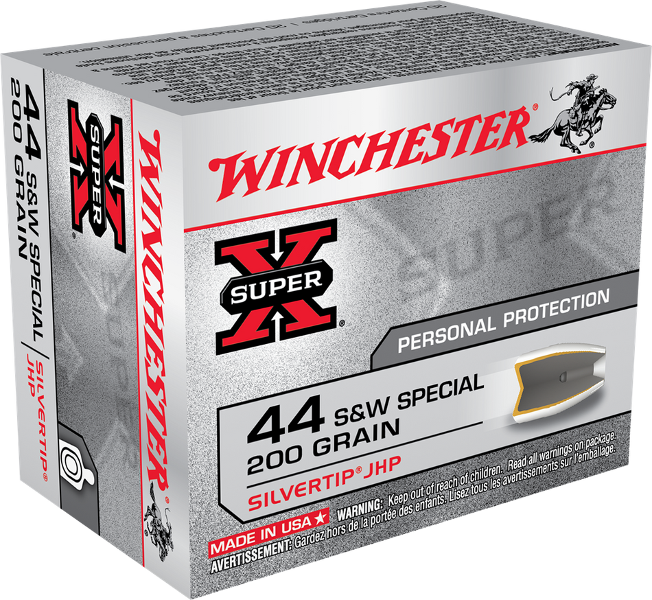 Winchester .44 S&W Special SUPER X Centerfire Pistol Personal Defense 200 grain Silvertip Hollow Point ammunition