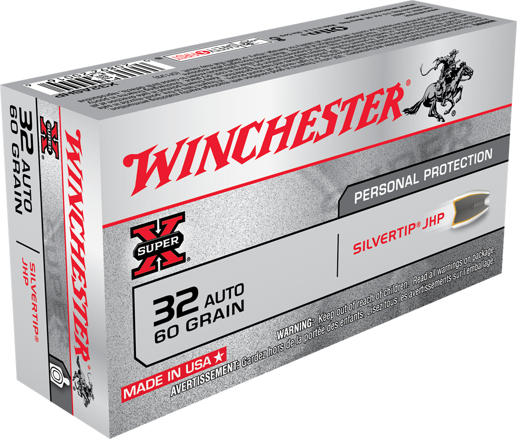 Winchester .32 ACP SUPER X Centerfire Pistol Personal Defense 60 grain Silvertip Hollow Point ammunition