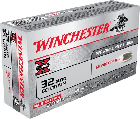 Winchester .32 ACP SUPER X Centerfire Pistol Personal Defense 60 grain Silvertip Hollow Point ammunition