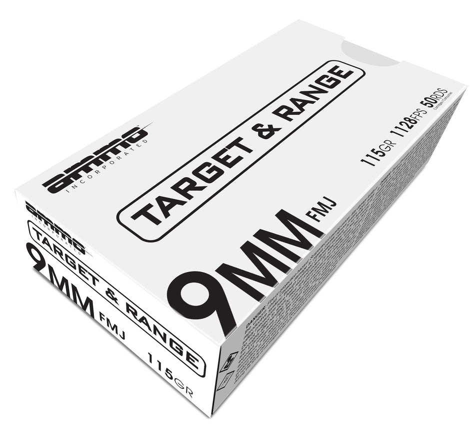 Ammo Inc 9mm Luger / Parabellum Target and Range 115 grain Full Metal Jacket ammunition