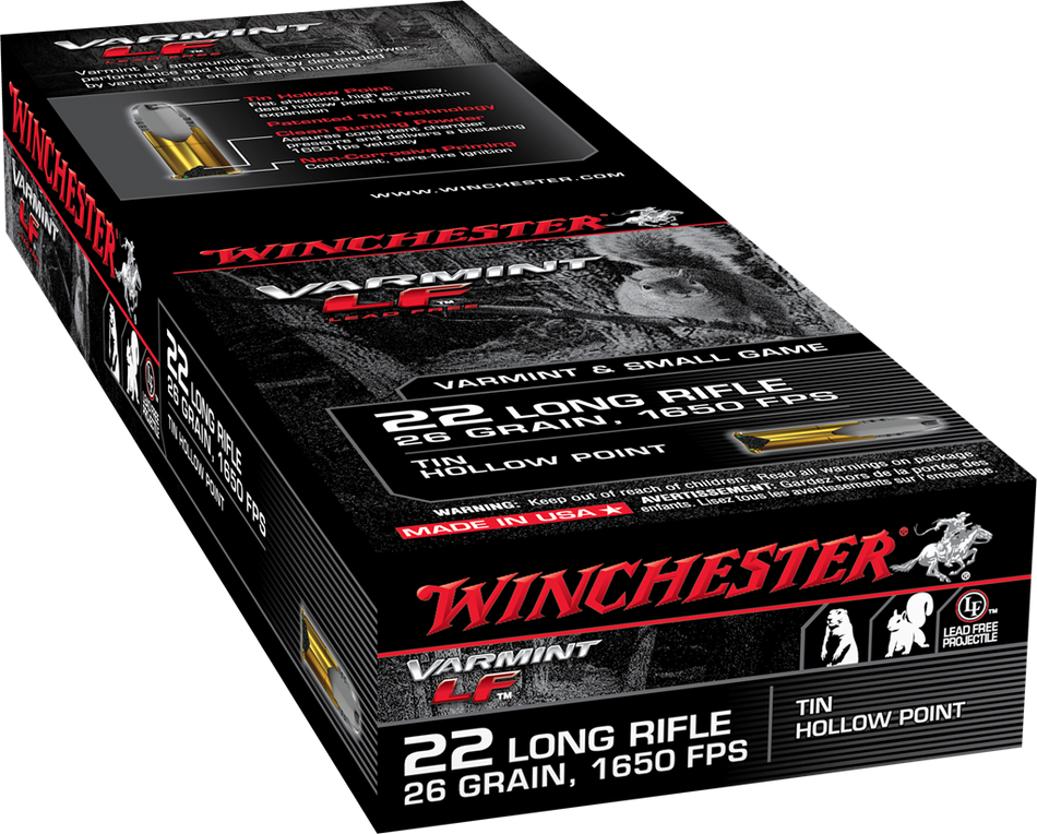 Winchester .22 Long Rifle VARMINT LF Lead Free Hunting 26 grain Tin Hollow Point ammunition