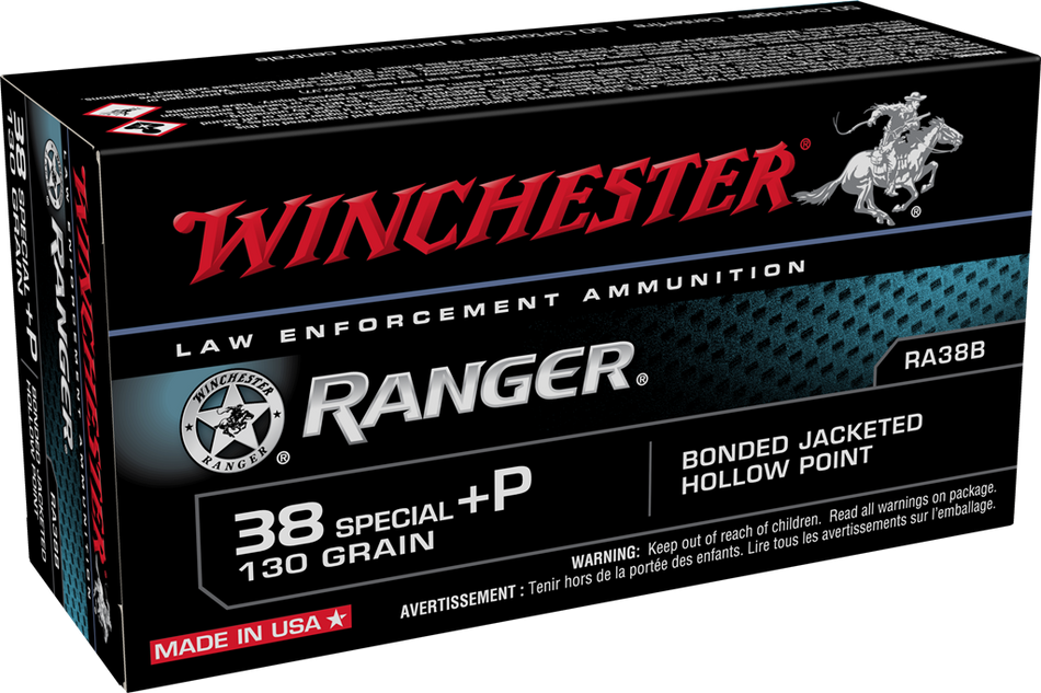 Winchester .38 Special Ranger LE +P 130 grain Bonded Jacketed Hollow Point ammunition