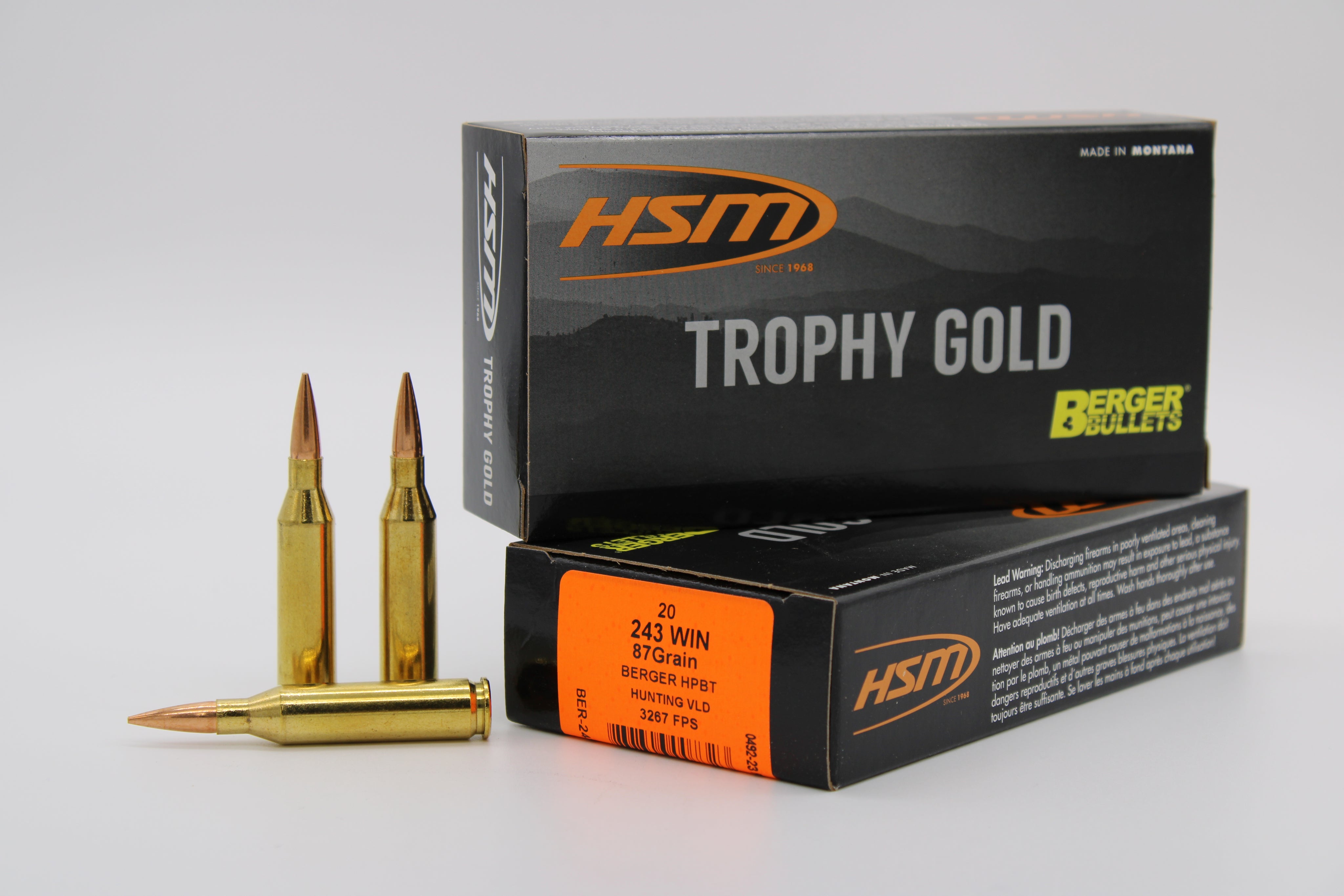 HSM Trophy Gold Berger Hybrid Tactical Open Tip Match 87 Grain .243 Winchester 3267 fps 837306007323