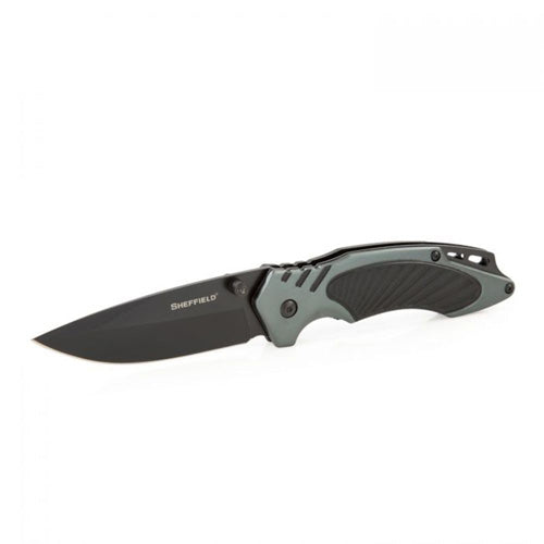 Sheffield Ager 3.5in Drop Point Assisted Opening Knife Black Aluminum Handle Pocket Clip