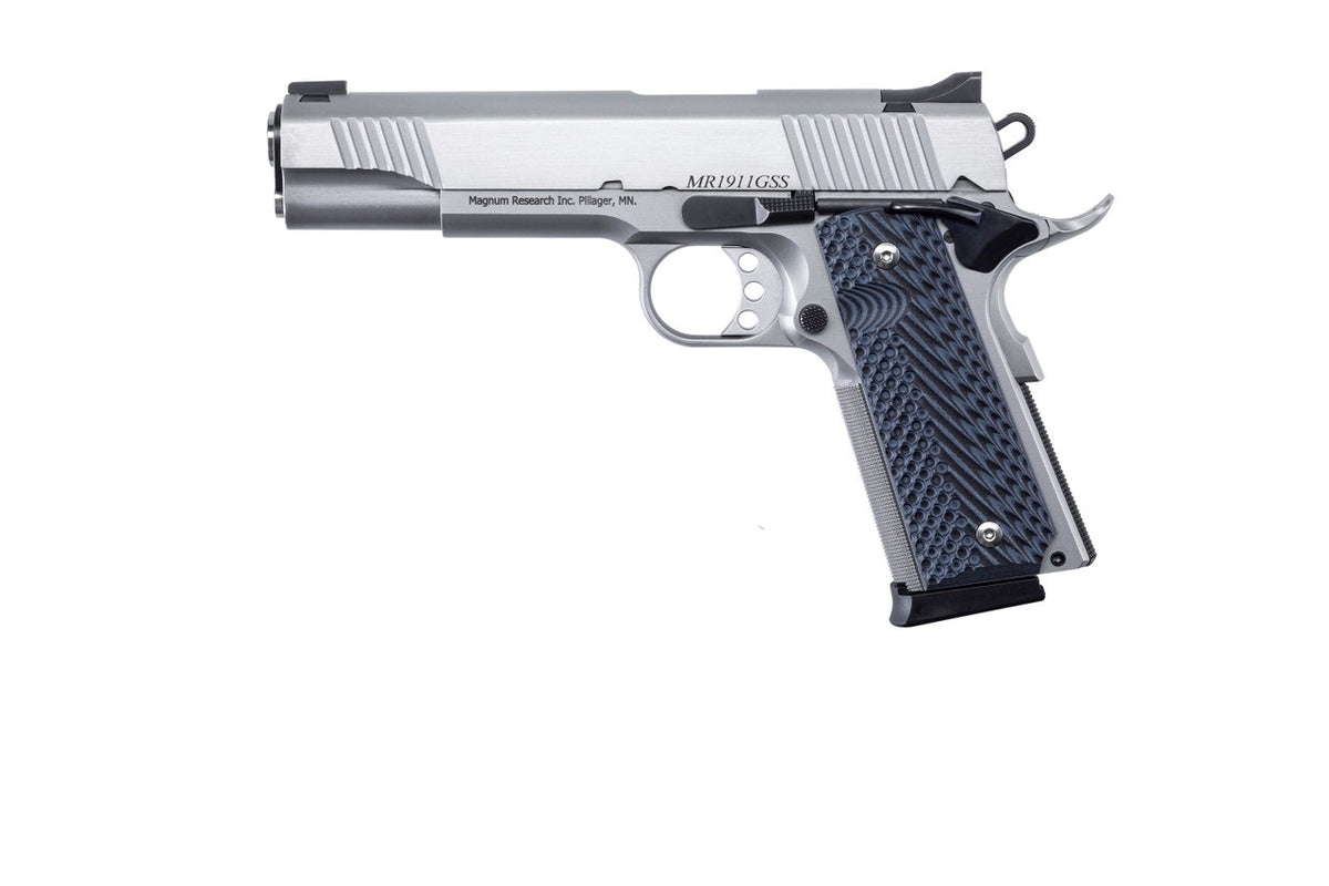 Magnum Research DE1911GSS Desert Eagle 1911 G 45 ACP 8+1, 5.01" Stainless Steel Bull Barrel, Matte Stainless Steel Serrated Slide & Frame w/Beavertail, Black/Gray G10 Grip, Grip Safety, Right Hand