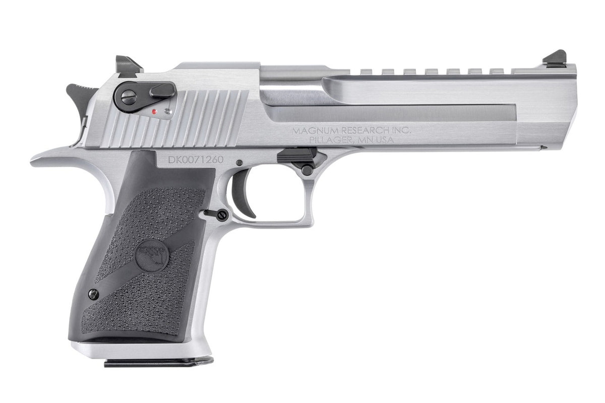 Magnum Research DE50BC Desert Eagle Mark XIX 50 AE Caliber with 6" Picatinny Rail Barrel, 7+1 Capacity, Overall Brushed Chrome Finish Carbon Steel, Beavertail Frame, Serrated Slide & Black Rubber Grip