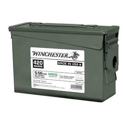 Winchester 5.56x45mm NATO M855 Green Tip Ammo Can Stripper Clips 62 grain Full Metal Jacket ammunition