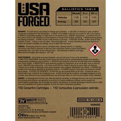 Winchester 9mm Luger / Parabellum USA Forged 115 grain Full Metal Jacket ammunition