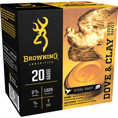 Browning 20 Gauge Shotgun Ammo Dove & Clay Extra Distance 2.75 in 3/4 oz #7