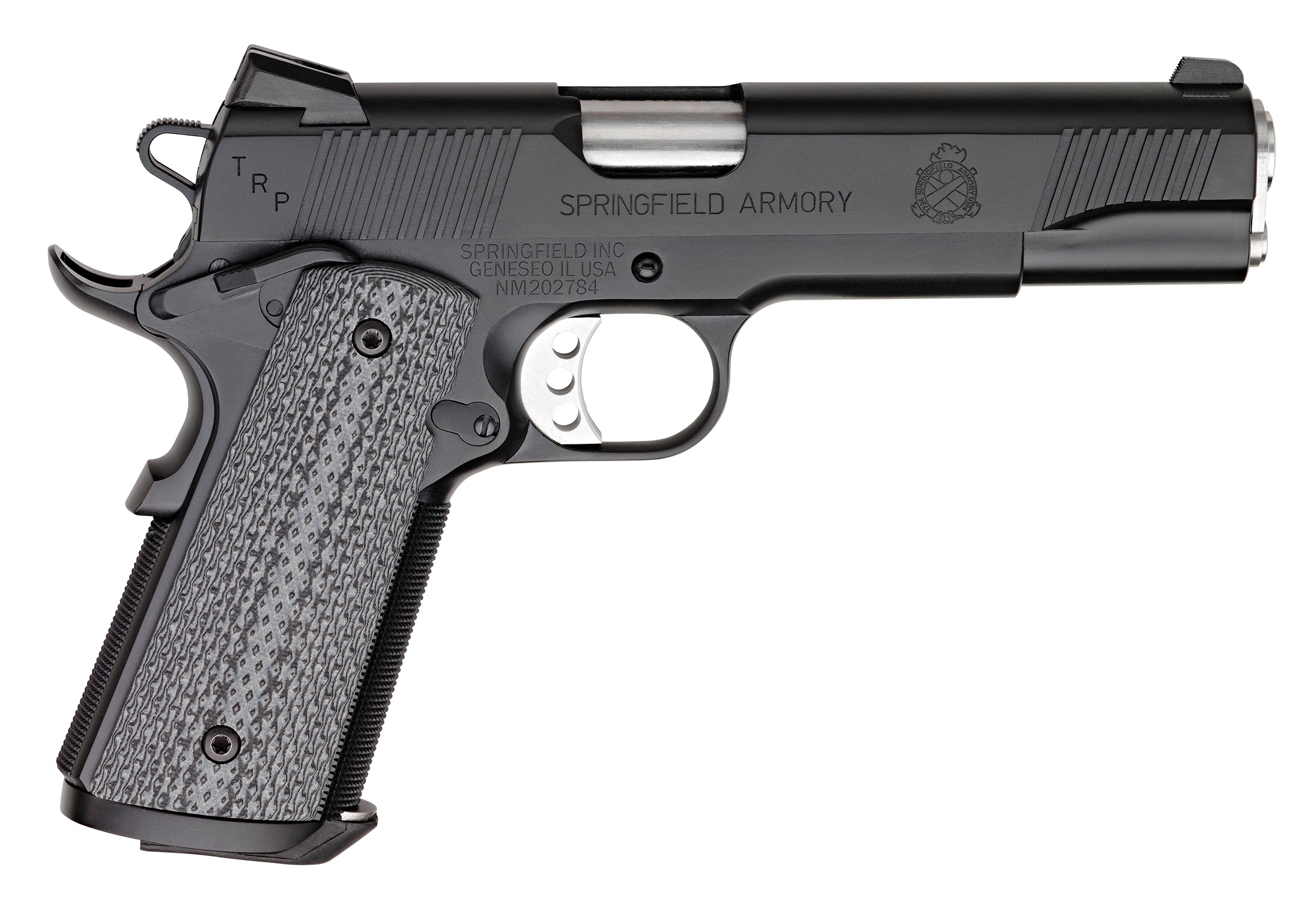 Springfield Armory PC9108LCA18 1911 TRP *CA Compliant 45 ACP 7+1, 5" Match Grade Stainless Steel Barrel, Black Cerakote Serrated Carbon Steel Slide &^ Frame w/Beavertail, Black G10 Grip
