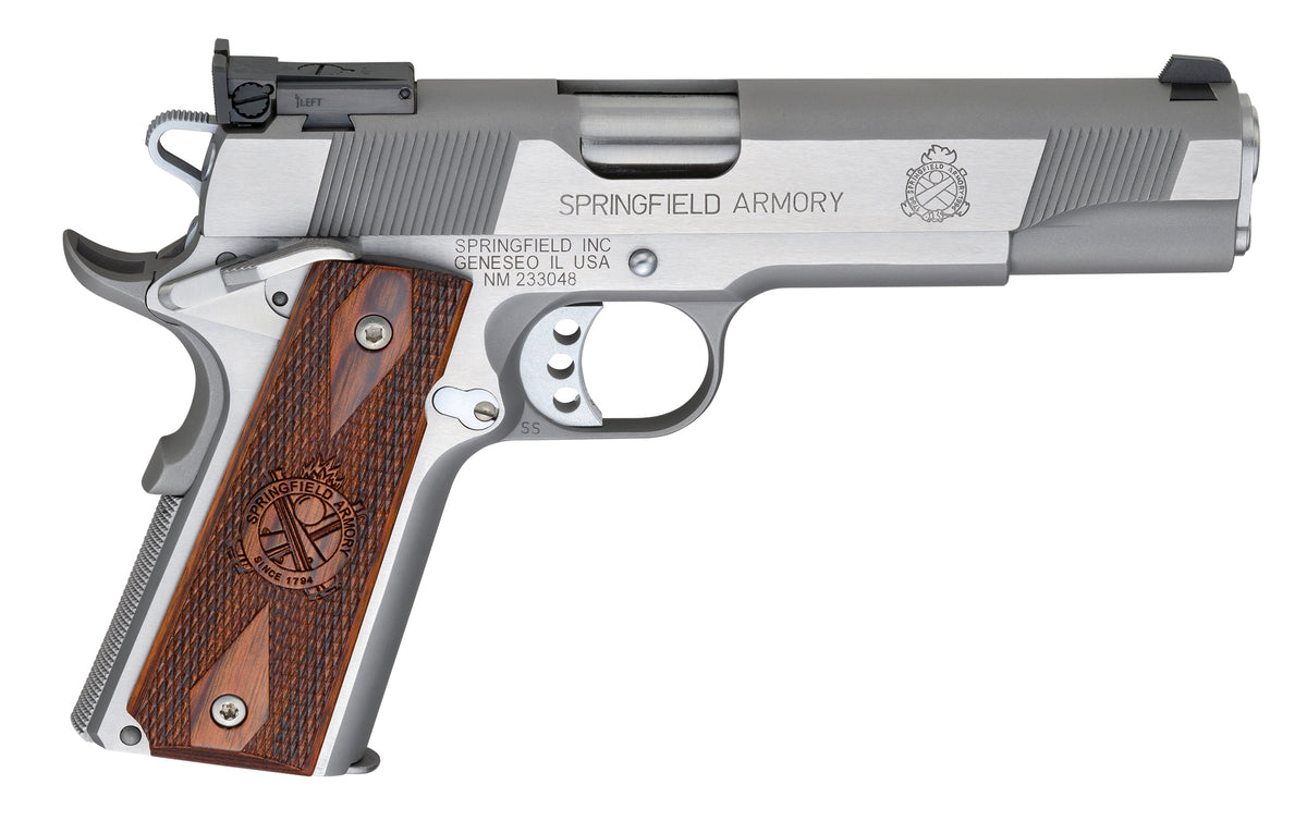 Springfield Armory PI9134LCA 1911 Loaded Target *CA Complaint 9mm Luger 9+1, 5" Stainless Match Grade Barrel, Serrated Slide & Frame w/Beavertail, Crossed Cannon Cocobolo Grip
