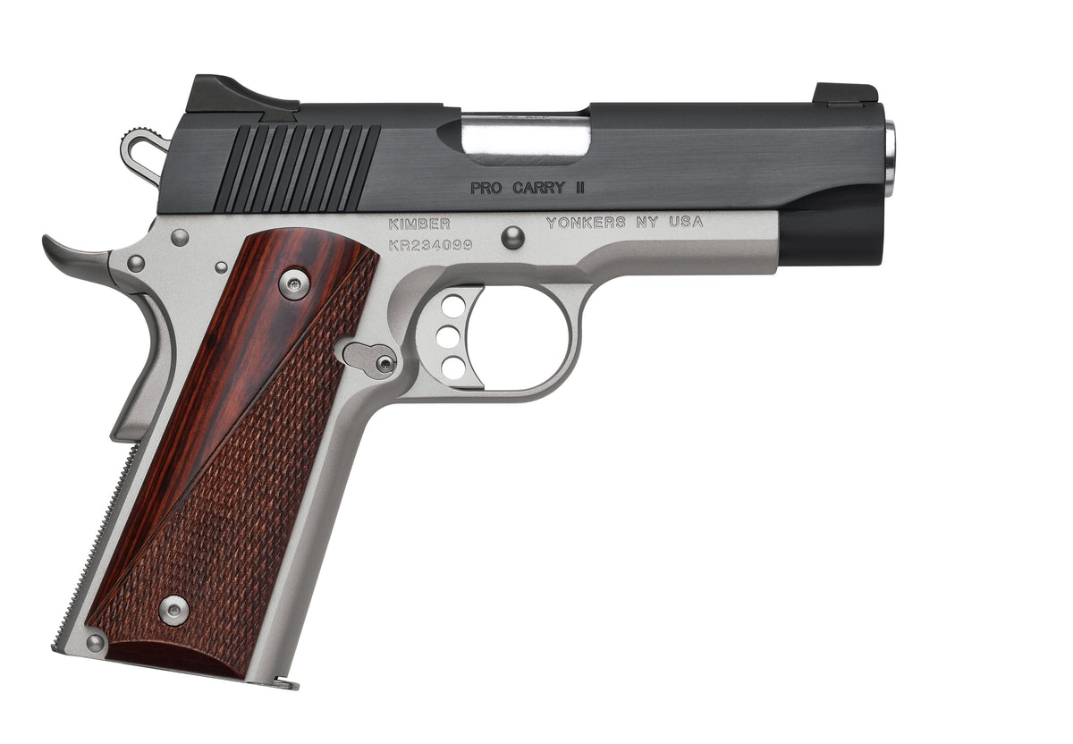 Kimber Mfg, Inc 3200333 Pro Carry II 9mm Luger 9+1 4" Stainless Match Grade Barrel, Matte Black Brushed Serrated Steel Slide, Satin Silver Aluminum Frame w/Beavertail, Rosewood Grip