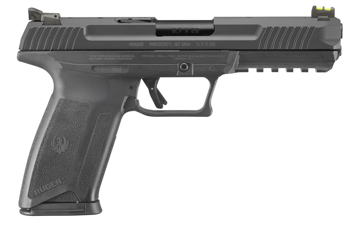 Ruger 16403 Ruger-5.7 Pro 5.7x28mm 20+1 4.94" Black Nitride Alloy Steel Barrel, Black Oxide Optic Cut/Serrated Steel Slide, Black Polymer Frame w/Picatinny Rail, Black Polymer Grip, Right Hand