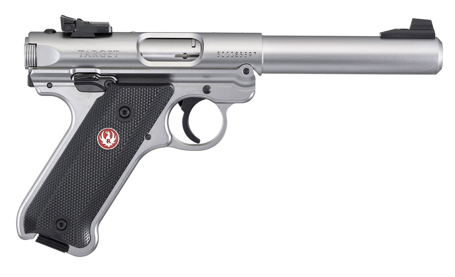 Ruger 40103 Mark IV Target 22 LR 10+1 5.50" Satin Stainless Bull Barrel, Satin Stainless Steel Slide, Stainless Steel Frame Drilled & Tapped Receiver, Black Checkered Polymer Grip, Right Hand
