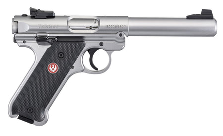 Ruger 40103 Mark IV Target 22 LR 10+1 5.50" Satin Stainless Bull Barrel, Satin Stainless Steel Slide, Stainless Steel Frame Drilled & Tapped Receiver, Black Checkered Polymer Grip, Right Hand