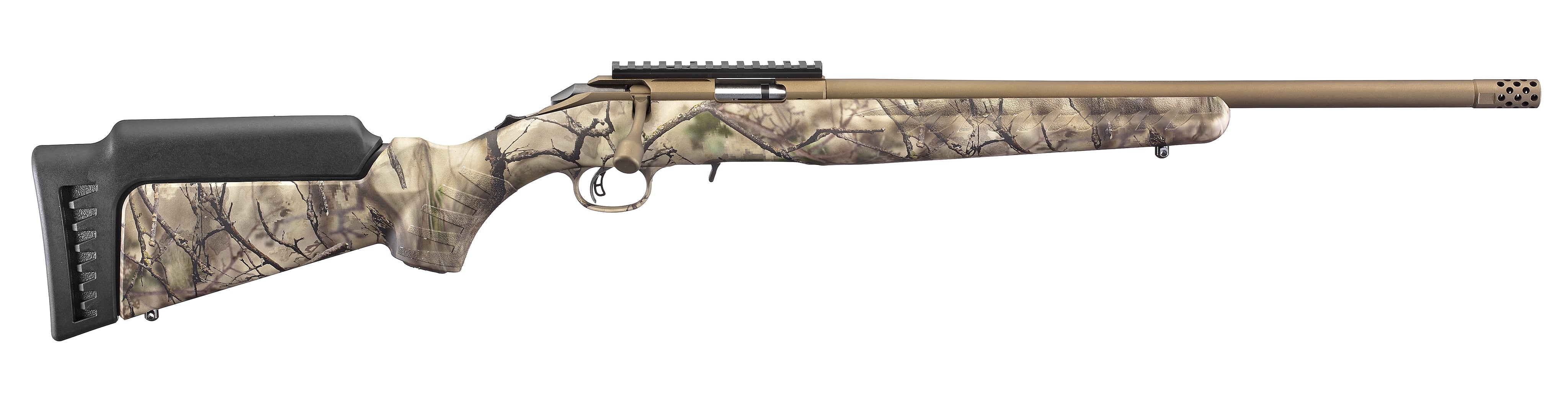 Ruger 8374 American Rimfire Full Size 17 HMR 9+1 18" Bronze Cerakote Threaded Barrel & Alloy Steel Receiver w/Picatinny Rail, Go Wild Camo I-M Brush, Fixed Synthetic Stock, Right Hand
