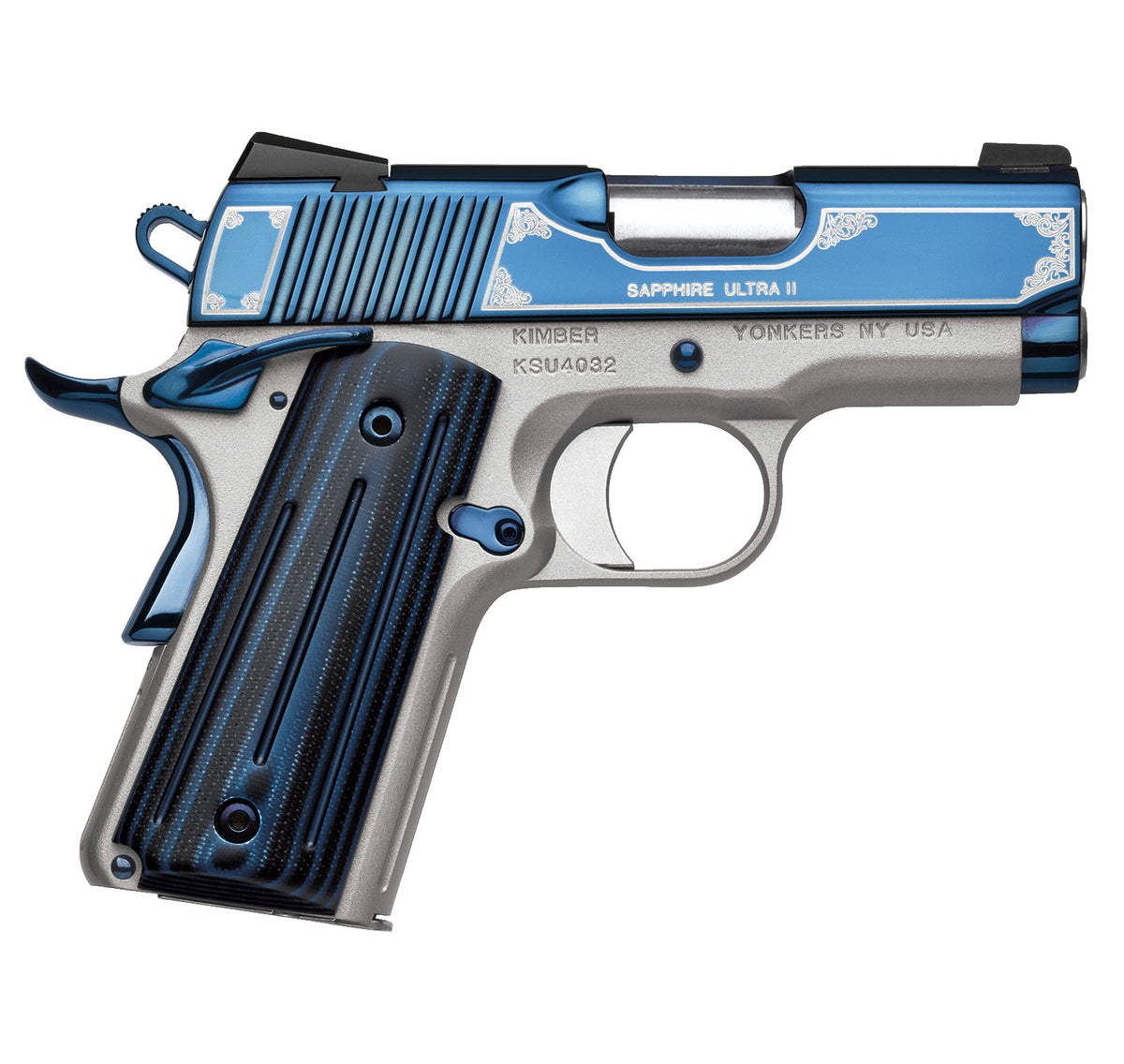 Kimber Mfg, Inc 3200273 Ultra II 9mm Luger 8+1 3" Stainless Match Grade Barrel, Engraved Sapphire Blue PVD Serrated Stainless Steel Slide, Satin Silver Aluminum Frame w/Beavertail, G10 Grip