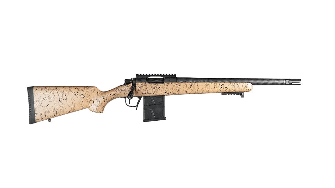 Christensen Arms 8010612300 Ridgeline Scout Full Size 300 Blackout 4+1, 16" Black Nitride Steel Threaded Barrel, Black Nitride Aluminum Receiver, Tan w/Black Webbing Fixed Sporter Stock