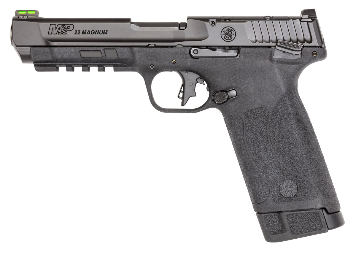 Smith & Wesson 13433 M&P 22 Magnum 22 WMR 30+1 (2) 4.35" Tempo Barrel System, Black, Polymer Frame with Pic. Rail, Optic Cut Slide, Fiber Optic Sight, Flat Faced Trigger, Ambi Controls