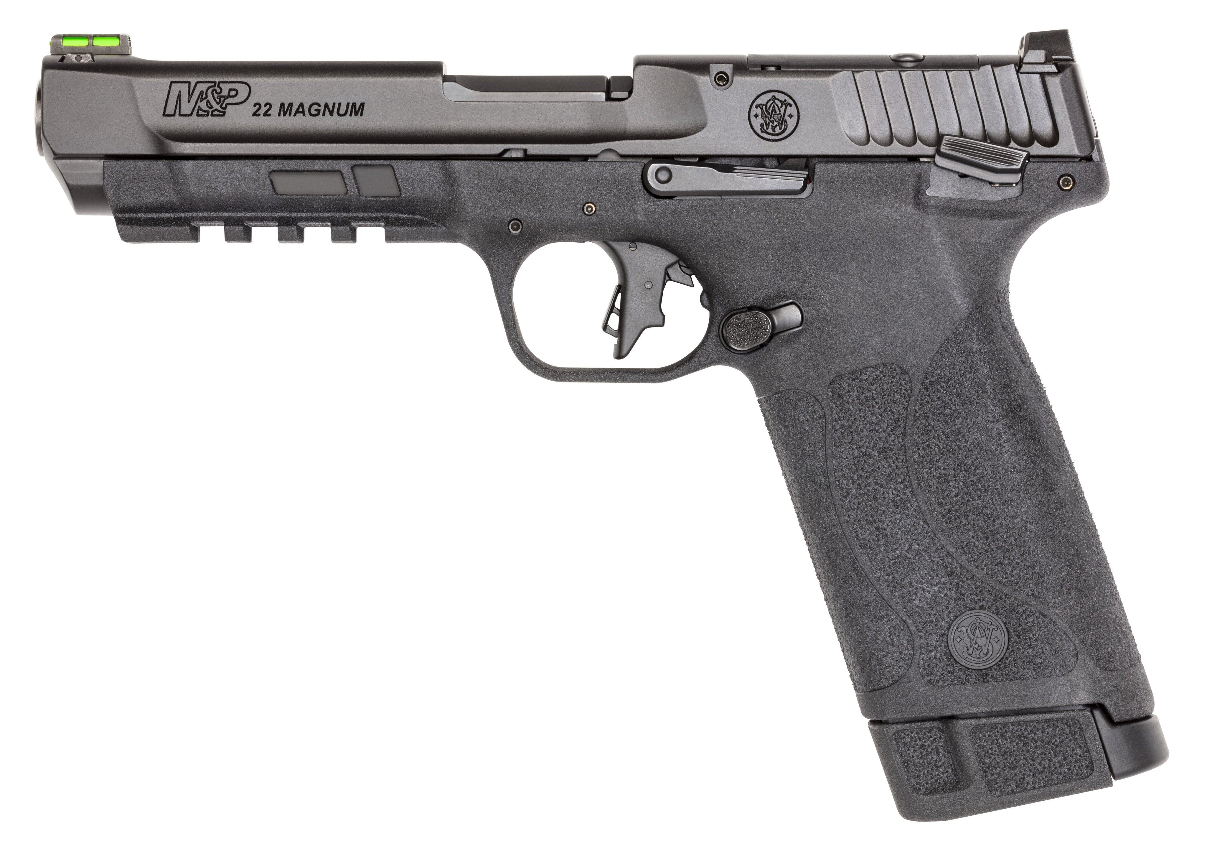 Smith & Wesson 13433 M&P 22 Magnum 22 WMR 30+1 (2) 4.35" Tempo Barrel System, Black, Polymer Frame with Pic. Rail, Optic Cut Slide, Fiber Optic Sight, Flat Faced Trigger, Ambi Controls