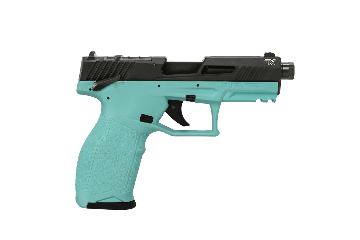 Taurus 1-2TX22P141C TX22 T.O.R.O. 22 LR 22+1 4.60" Matte Black Threaded Barrel, Black Hard Coat Anodized Optic Ready/Serrated Slide, Cyan Polymer Frame w/Picatinny Rail, Textured Grip