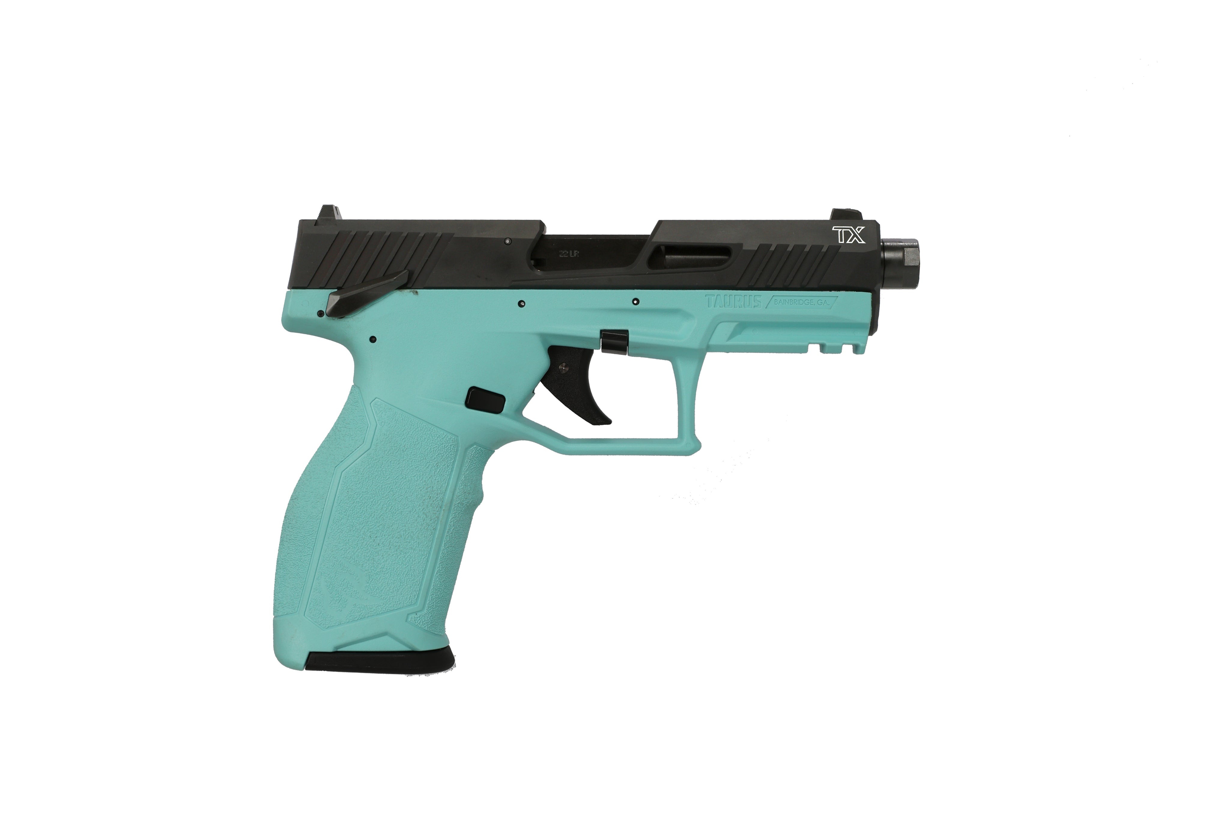 Taurus 1-2TX22141C 2TX Full Size Frame 22 LR 22+1 4.60" Matte Black Threaded Barrel, Black Anodized Serrated Slide, Cyan Polymer Frame w/Picatinny Rail, Textured Grip