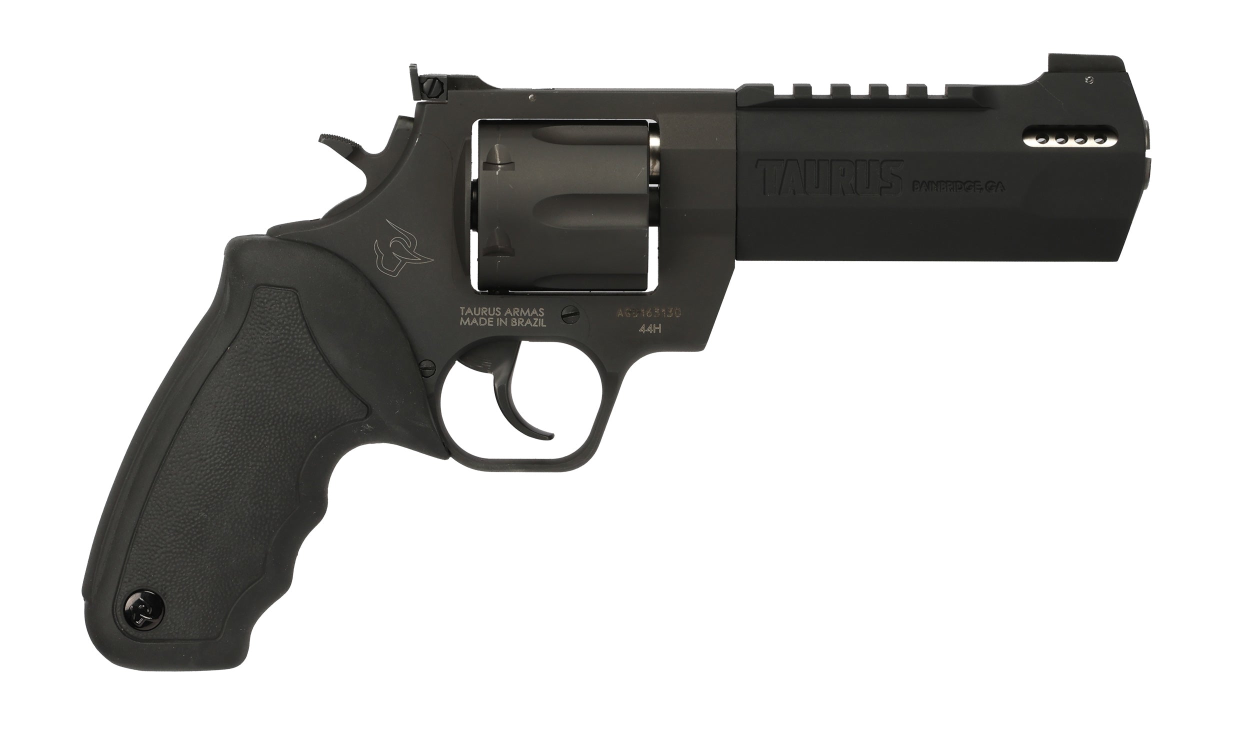 Taurus 2-440051RH Raging Hunter 44 Rem Mag Caliber with 5.12" Picatinny Rail/Ported Barrel, 6rd Capacity Matte Black Oxide Finish Cylinder, Matte Black Oxide Finish Steel Frame & Black Rubber Grip