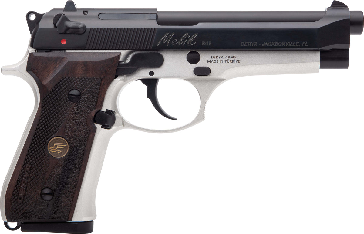 Derya Firearms 10LTTMELIK9TR Melik 9mm Luger 10+1 4.90" Black Melonite Steel Barrel, Black Melonite Serrated Steel Slide, Silver Anodized Aluminum Frame, Dark Walnut Grip