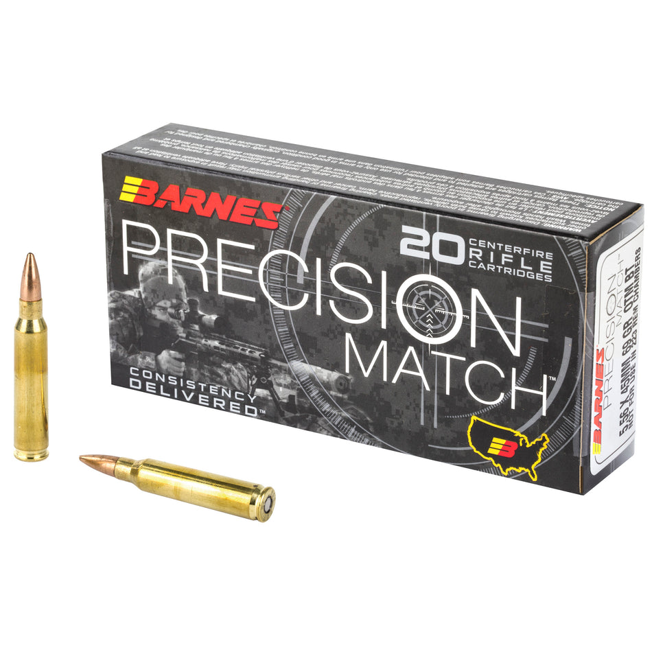 Barnes 5.56x45mm NATO Precision Match 69 grain Open Tip Match Boat Tail ammunition