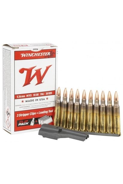 Winchester 5.56x45mm NATO USA White Box M193 Clip Pack 55 grain Full Metal Jacket ammunition