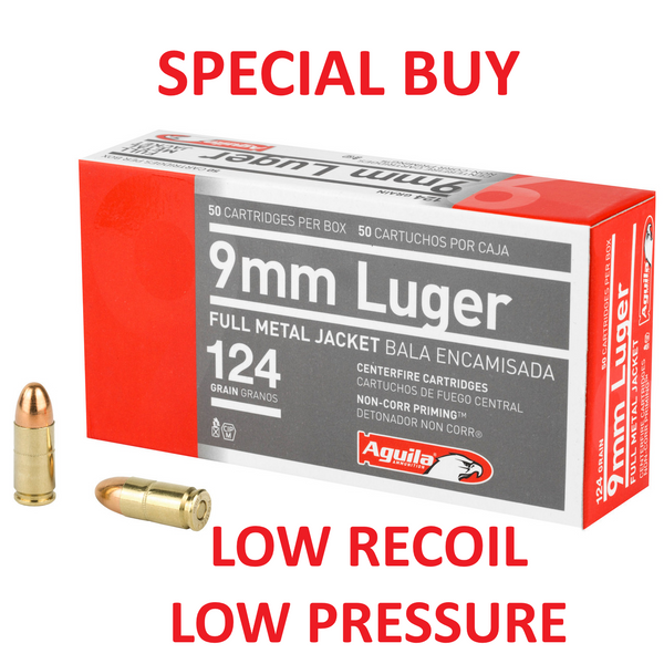 Aguila 124 Grain Full Metal Jacket LOW PRESSURE/LIGHT RECOIL.  See Details Page - No Warranty; No Returns